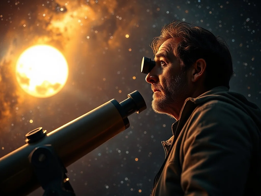 Astronom obserwujący Wenus przez teleskop na tle rozgwieżdżonego nieba i map astronomicznych.