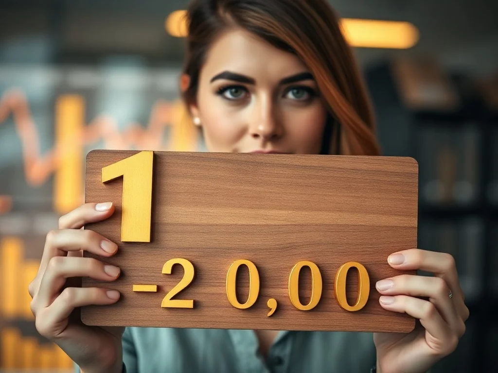 Kobieta trzymająca tabliczkę z liczbą jeden i dwunastoma zerami, symbolizującą zapis tryliona w nowoczesnym biurze.