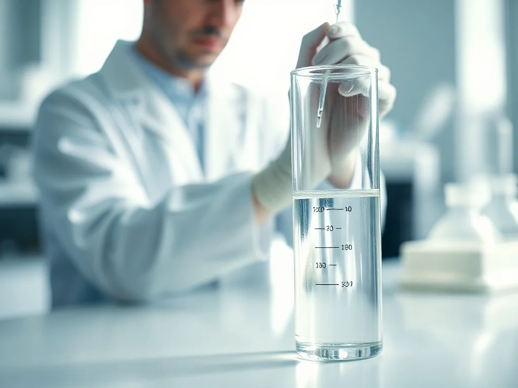 Szklany cylinder miarowy z płynem na laboratoryjnym stole, w tle naukowiec wykonujący pomiary.
