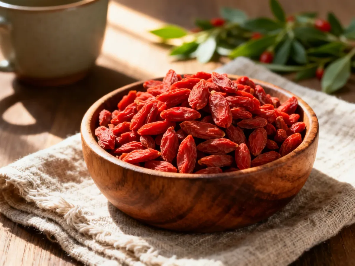Suszone jagody goji w drewnianej miseczce na lnianej ściereczce, podkreślające ich naturalny wygląd.