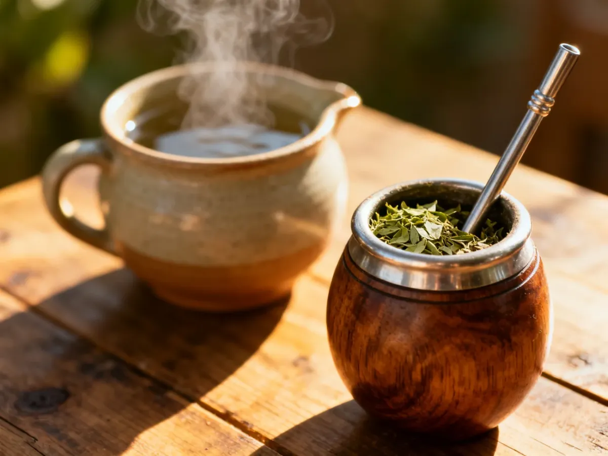 Tradycyjne naczynie z yerba mate i metalowa bombilla na drewnianym stole w promieniach porannego słońca.