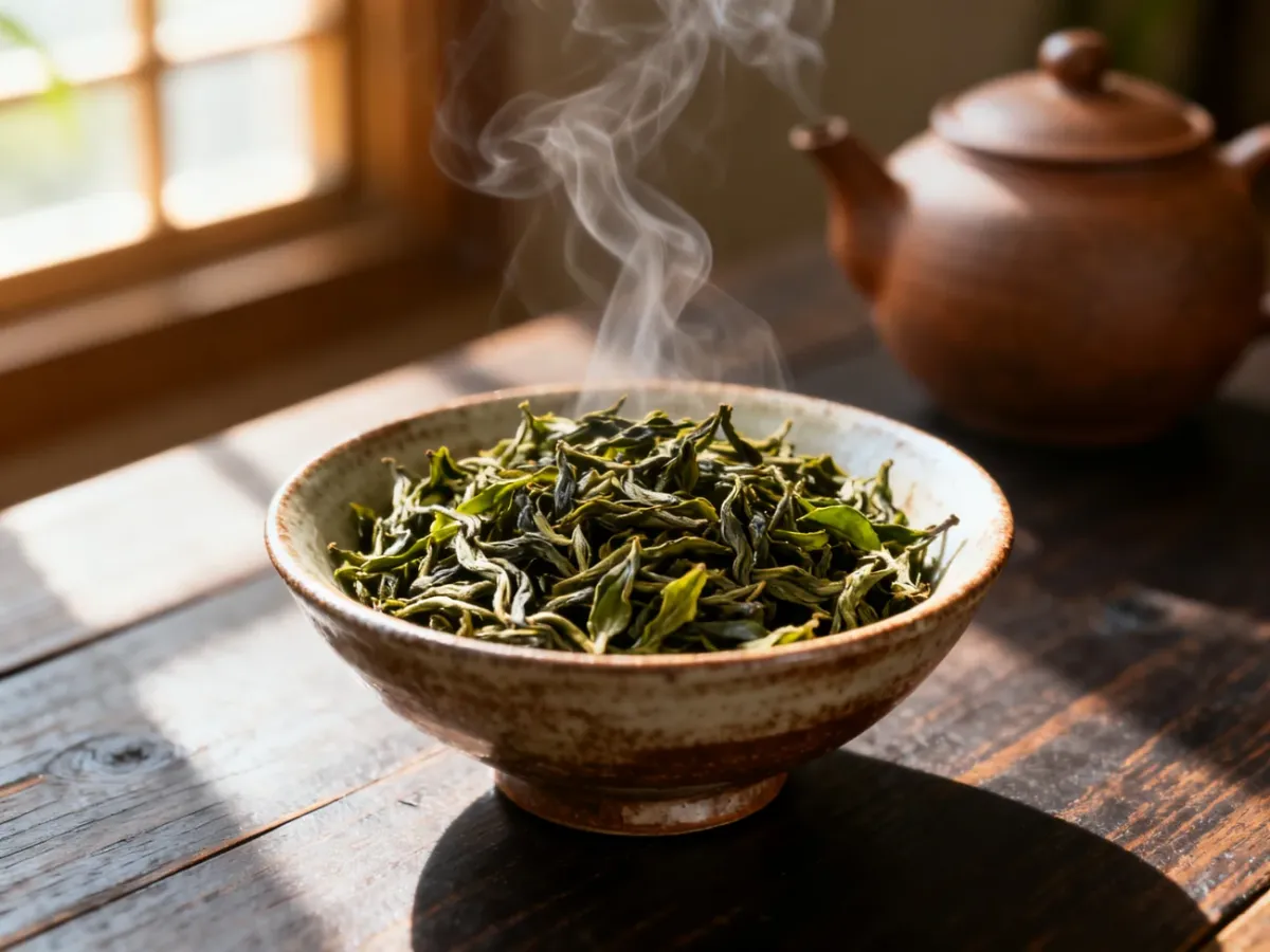 Wysokiej jakości zwinięte liście herbaty oolong w ceramicznej miseczce na tle parzącego się naparu w glinianym czajniku.