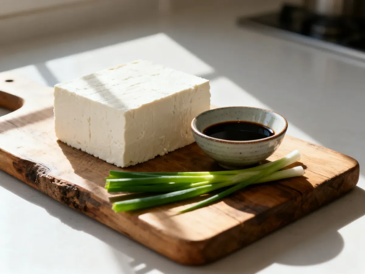 Świeży blok tofu na drewnianej desce w towarzystwie sosu sojowego i szczypiorku w jasnej kuchni.