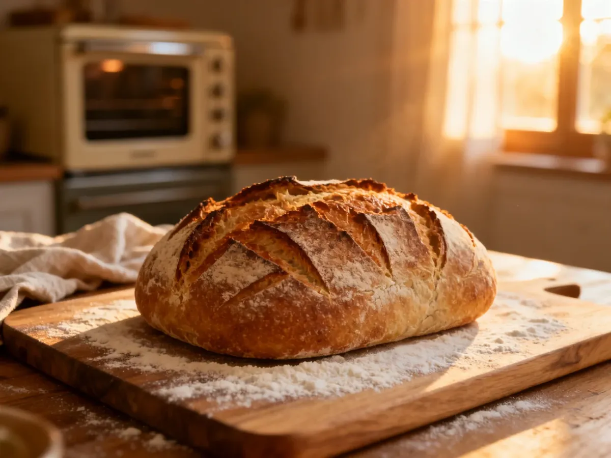 Świeżo upieczony bochenek chleba na zakwasie z chrupiącą skórką, leżący na drewnianej desce w domowej kuchni.