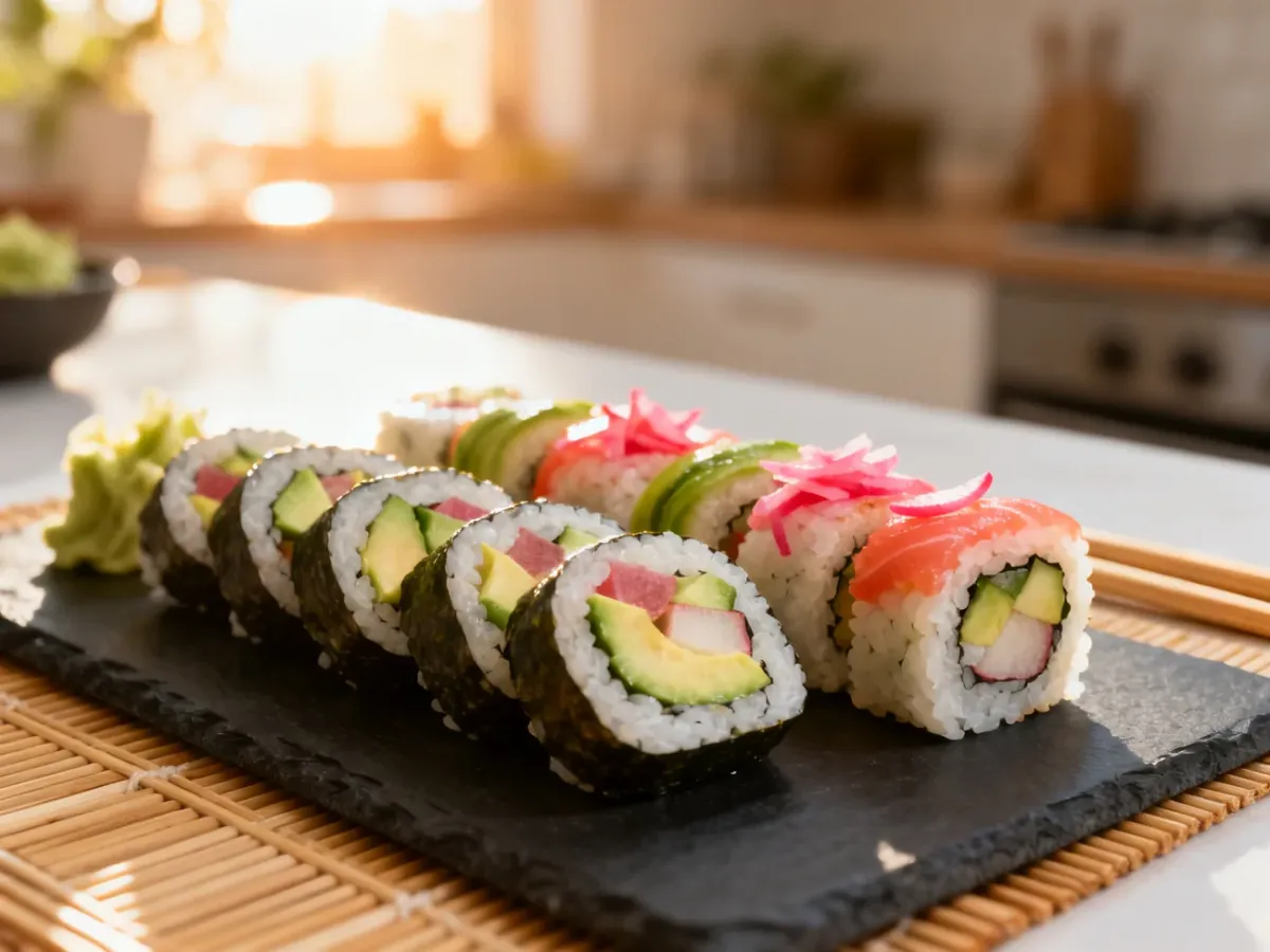Kolorowe sushi wegetariańskie z awokado, ogórkiem i rzodkiewką, estetycznie podane na ciemnej kamiennej desce.